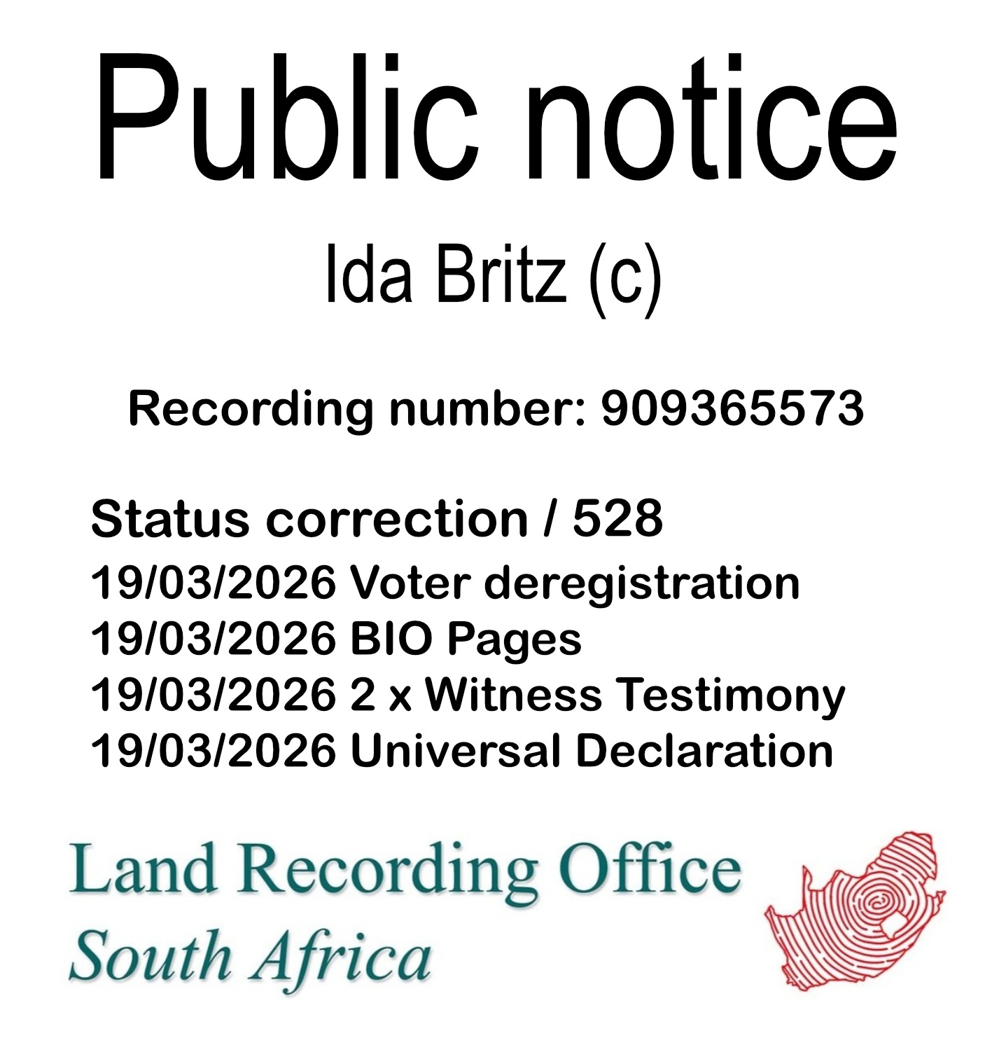 Public notice Ida Britz (c) Recording number 909365573